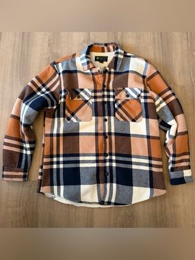 Matix Men’s Large Sherpa Jacket, Navy Orange, Cream Plaid Sherpa-Lined Jacket